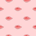 Pattern seamless lips, pink background. Art continuous illustration kiss. Hand drawn abstract art modern