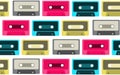 The pattern is seamless from old, vintage, retro, hipster, antique, colorful, bright, motley, blue, pink, gray audio cassettes fro