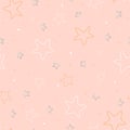 Pattern seamless picture with stars of white, yellow and blue color on a delicate pink background. Royalty Free Stock Photo