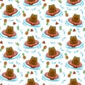 The pattern is seamless with a relaxing capybara a swimming circle with tropical fruits and a cocktail Royalty Free Stock Photo