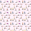 Pattern seamless set of yoga. female pose mountain downward dog warrior tree bridge triangle cobra pigeon crow. vector
