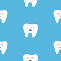 Pattern Seamless Tooth health. Cute funny cartoon smiling character. Oral dental hygiene. Children teeth care. Baby texture. Flat