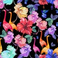 Pattern Seamless watercolor tropical flowers, palm tree and birds. Royalty Free Stock Photo