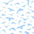 Pattern seamless white background seagulls dolphins and fish mar Royalty Free Stock Photo