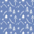 Pattern seamless white fir trees, snowflakes, ski track, hills, star isolated on blue background. Royalty Free Stock Photo