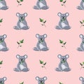 Pattern of seated gray koalas with twigs