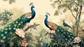 In this pattern, we see peacocks, parrots, plants, and botanical trees in a Mughal forest garden Royalty Free Stock Photo