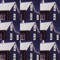 Pattern of series of images of a blue house in Iceland repeated to form an original image