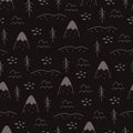 Seamless simple pattern with cartoon mountains, trees, decor elements. vector. flat hand drawing.
