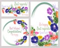 Pattern set greeting cards with the wishes of the best luck, good luck, be happy, convolvulus bell, lily, gerbera