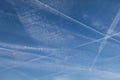 Pattern of several aircraft contrails in the blue sky