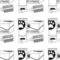 Pattern with shampoo bottle, comb, vitamins for animals, cats, dogs, pet care