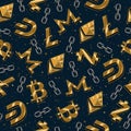 Pattern with shiny gold signs of cryptocurrencies