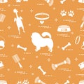 Pattern of silhouette chow-chow dog, bowl, bone, brush, comb, to Royalty Free Stock Photo