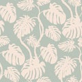 Pattern with silhouettes of monstera bushes in monochrome in pastel shades with leaves
