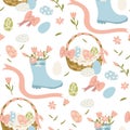 A pattern of a simple pattern with colored eggs in a basket, with flowers in a boot and ribbons. Easter holiday white