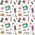 Pattern with sketches of sewing and knitting