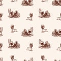 Pattern of sketches of wine glasses with cheese and grape