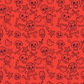 Pattern with skulls, hearts, seamless background