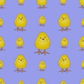 Pattern sleepy chick, falls asleep on the move. Vector. Yellow ball. Bird on an isolated purple background. Cartoon style.