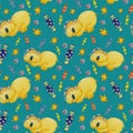 Pattern Sleepy hippos and candy. Watercolor illustration, drawing for fabric.
