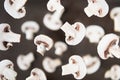 Pattern of sliced champignon mushrooms levitating above brown background