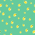 Pattern. small lemon and leaves different sizes on turquoise background.