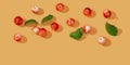Pattern from small red apples and green leaves, autumn harvest concept