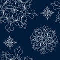 Seamless vector pattern with snowflakes. Line art on dark background.