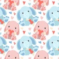 A pattern of soft toys. A blue elephant and a pink hare with toys in their hands and different poses. Pattern for