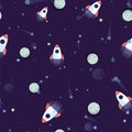 Pattern space rocket flying in cosmos space on background planets, meteorites and stars. Space ship in dark night cosmos