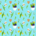 Pattern of spring primroses: daffodils, crocuses, potted seedlings, branches and wooden hearts