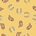 Pattern stetson hat for cowboy and horseshoe on yellow background. Cowboy hat and horse shoe seamless pattern. Royalty Free Stock Photo