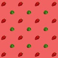 Pattern of strawberries and sliced kiwis on a red background for print