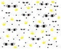 Pattern in the style of psychedelic eyes,crown and black dot.