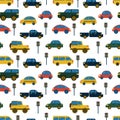 Pattern with stylized child`s drawing of vehicles