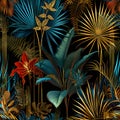 pattern of stylized palm leaves in metallic gold and jewel tones. Luxurious mood. AI Generated