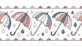 Pattern of stylized umbrellas with falling raindrops rainy weather graphic element vector design Generative AI Royalty Free Stock Photo