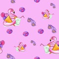 Pattern from the summer things drawn with a watercolor. The seamless drawing from sea accessories on a pink background