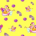 Pattern from the summer things drawn with a watercolor. The seamless drawing from sea accessories on a yellow background