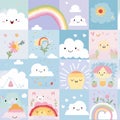 pattern with sun clouds and stars, boho rainbow pattern with modern pastel rainbows, background Vector seamless