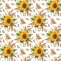 Pattern sunflowers and ears of wheat watercolor Royalty Free Stock Photo