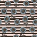 Pattern with sunflowers on striped background