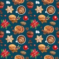 Pattern sweet Christmas. Watercolor gingerbread, cupcakes, cinnamon. New Year seamless pattern