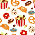 A pattern of sweet instant foods highlighted on a white background. Cartoon fast food, unhealthy popcorn, donut Royalty Free Stock Photo