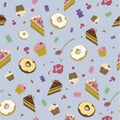 pattern of sweets, donuts, cakes and marmalade on a blue background