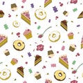 Pattern of sweets, donuts, cakes and marmalade on a white background