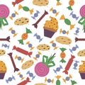 Pattern of sweets on a white background: lollipops, candies, cupcakes, cookies with chocolate. background for wallpaper