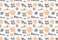 Pattern with symbols of halloween. Orange ang black text on white background