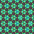 Continuous pattern with teal balls and turquoise stars on dark background
